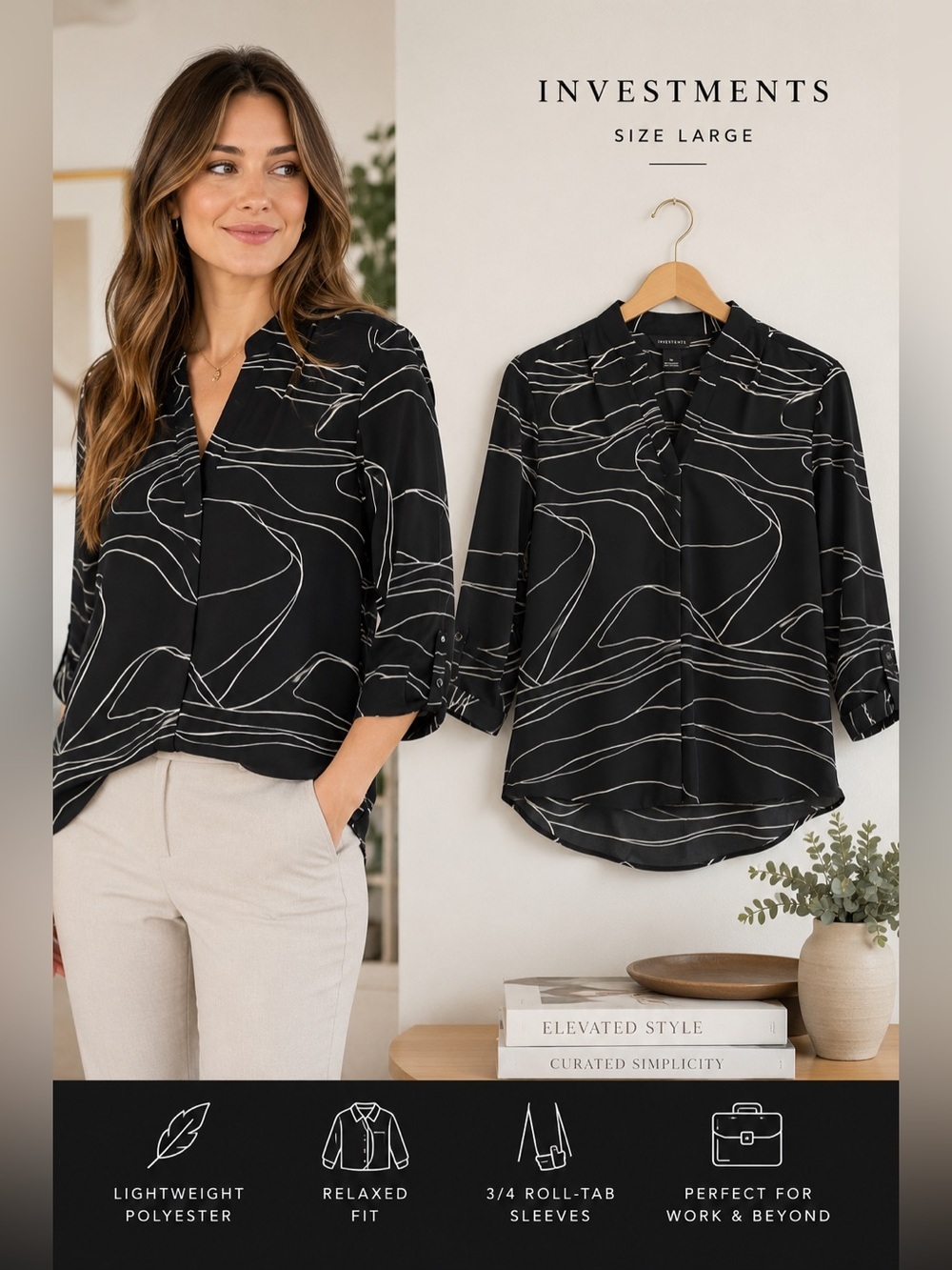 Investments Womenโs Large Black Abstract Print Blouse 3/4 Sleeve Career Top